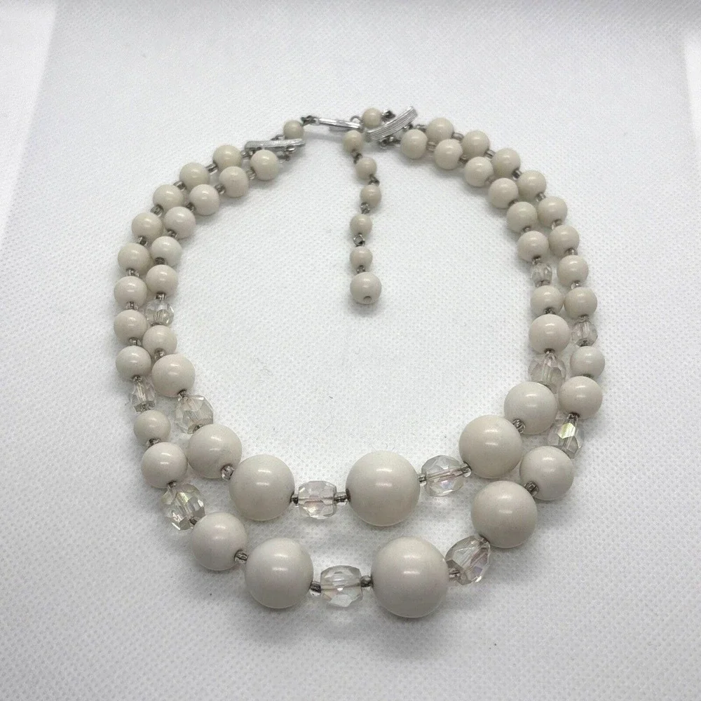 Vintage Japan White Beaded 2‎ Strand Graduated Bead 14 - 16'' Choker Necklace